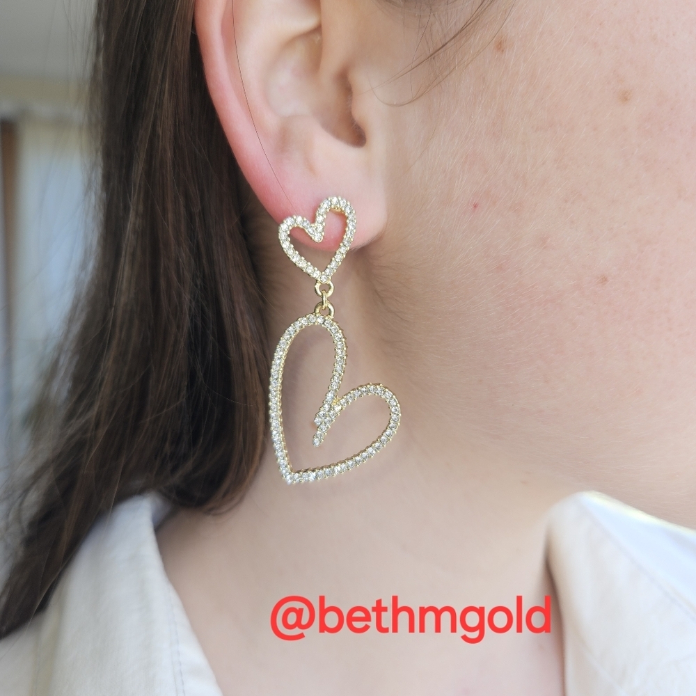 Earrings Rhinestone Double Heart Drop - Picture 14 of 16